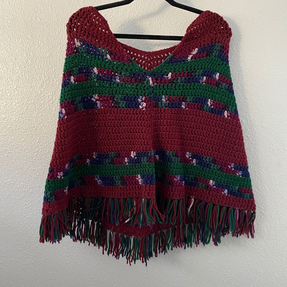 Handknit Poncho One Size Fringe Handmade Knitted Bohemian Boho Artsy Western